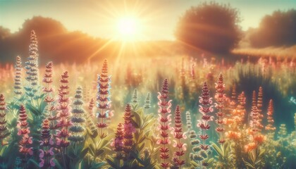 A sunny meadow filled with blooming Culinary Sage flowers