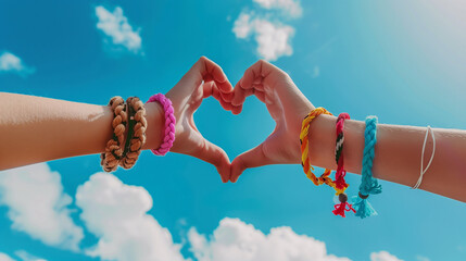 Hands making heart symbol on sky background. friendship bracelets on wrists
