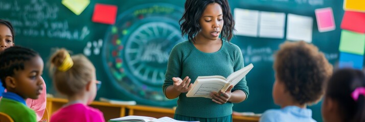 In a diverse classroom, the teacher creates a lively learning environment with books, interaction, and academic growth, engaging students in an inclusive, rich educational experience