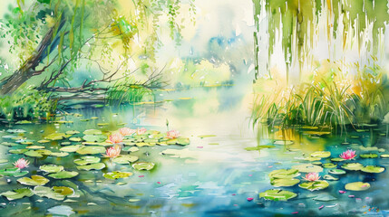 A serene watercolor painting of a pond with lily pads and hanging willow trees, evoking tranquility and natural beauty.