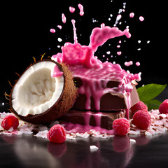 Chocolate with raspberries and cream splash on a black background