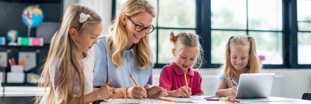 Aufkleber A teacher uses various teaching methods to engage young students in playful learning activities during an interactive classroom session in a school setting, fostering a positive learning environment