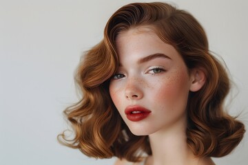Naklejka premium Glamorous Hollywood Waves Hairstyle of a Confident Redhead Female Model in a Studio