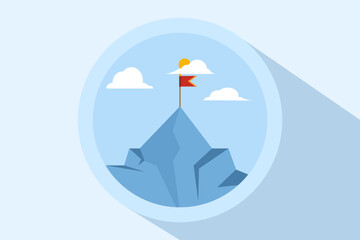 Mountains with a flag on it, leadership emblem concept, achievement success, success reaching the top of career or business, mission symbol, mountain climbing, flat vector illustration on background.