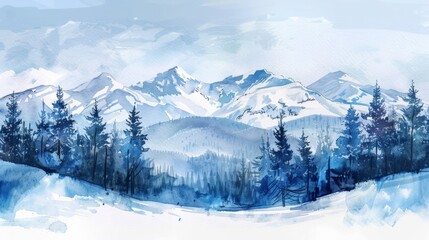 Beautiful watercolor painting of a serene winter landscape featuring frosty mountains and snow-covered trees under a peaceful blue sky.