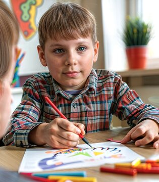 child with school learning difficulties, working with the school counsellor or psychologist to improve their skills through drawing.