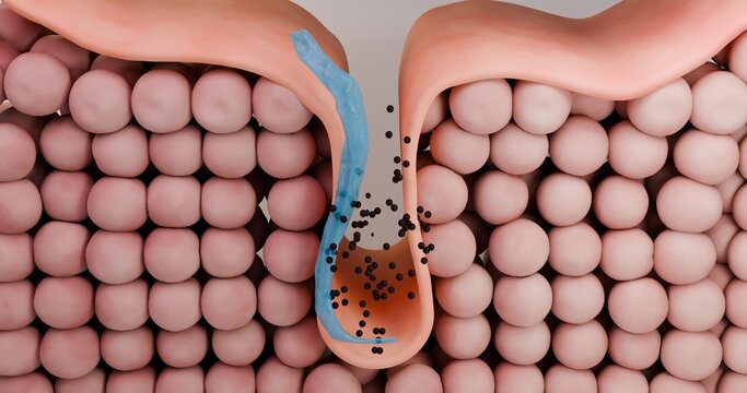 3D illustration of pore cleansing from black dots, dirt and dust particles. Schematic application of a blue serum-foam, cream or lotion, penetrating into the pores to cleanse them.