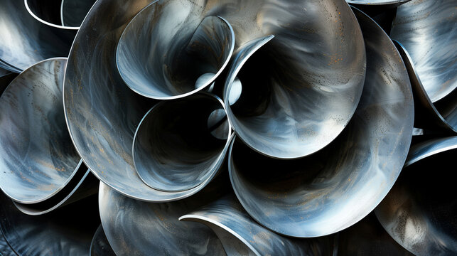  a stack of coiled galvanized steel, emphasizing their curved edges and metallic surfaces.