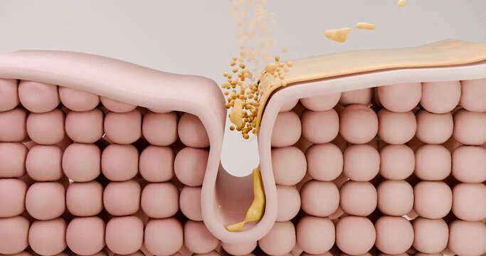 3D stylized animation of cleansing oily skin. The process of cleansing clogged pores, removing black dots, dissolving dirt, dust and particles.
