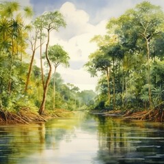 Serene Amazon River and Lush Forest Landscape – Ideal for Nature, Adventure, and Travel Themed Designs