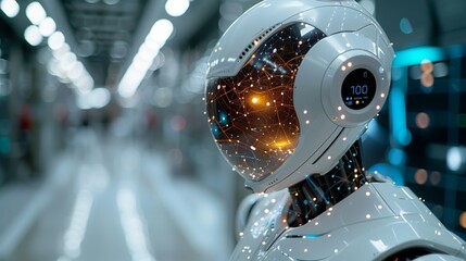 A robot navigates through a sleek, modern corridor with futuristic design elements, showcasing advanced technology.