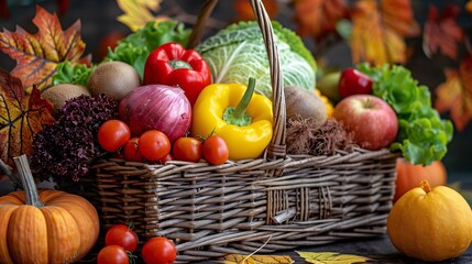 Colorful array of seasonal fruits and vegetables arranged in a woven basket, highlighting the natural beauty and nutritional value of fresh produce, perfect for promoting healthy eating