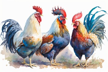 Fototapeta premium Colorful Watercolor Roosters Illustration Artistic Farm Bird Artwork for Print, Card, Poster