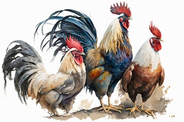 Vibrant Watercolor Roosters Trio  Perfect for Posters, Cards, and Print Design