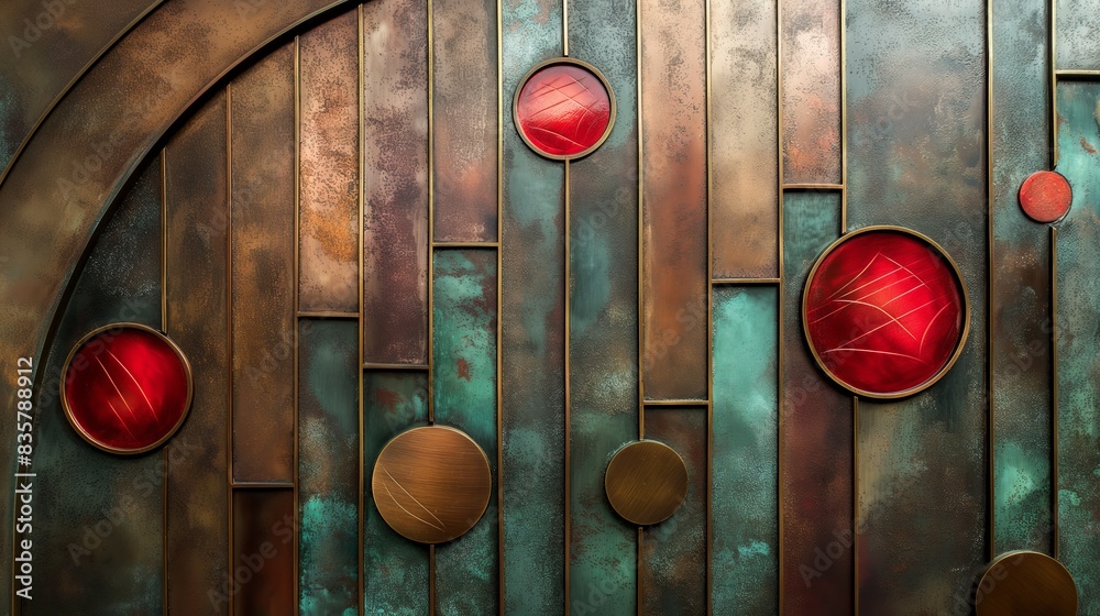 Poster A close-up image of a modern metal wall art piece featuring circular red and copper elements