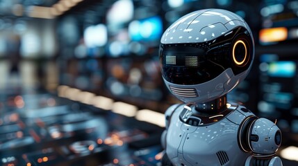 Fototapeta premium A robot is positioned in front of a multitude of monitors inside a room, observing and processing data.