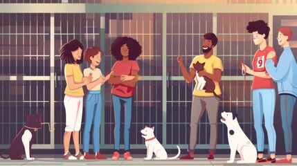 Group of people adopting pets at an animal shelter, happy interactions with dogs and cats, promoting pet adoption.