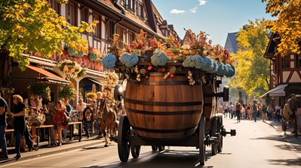 A traditional Bavarian beer wagon filled with barrels of beer being pulled through the streets of Munich for Oktoberfest