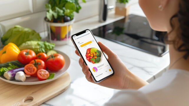 health app on a smartphone displaying a personalized diet plan tailored for a young woman, with meal recommendations