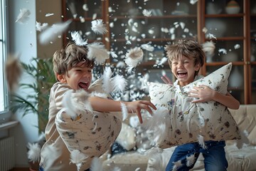 Joyous Pillow Fight in the Cozy Living Room with Flying Feathers
