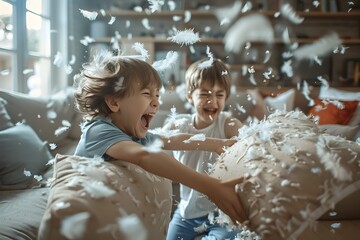 Joyful Pillow Fight Among Playful Kids in Cozy Living Room