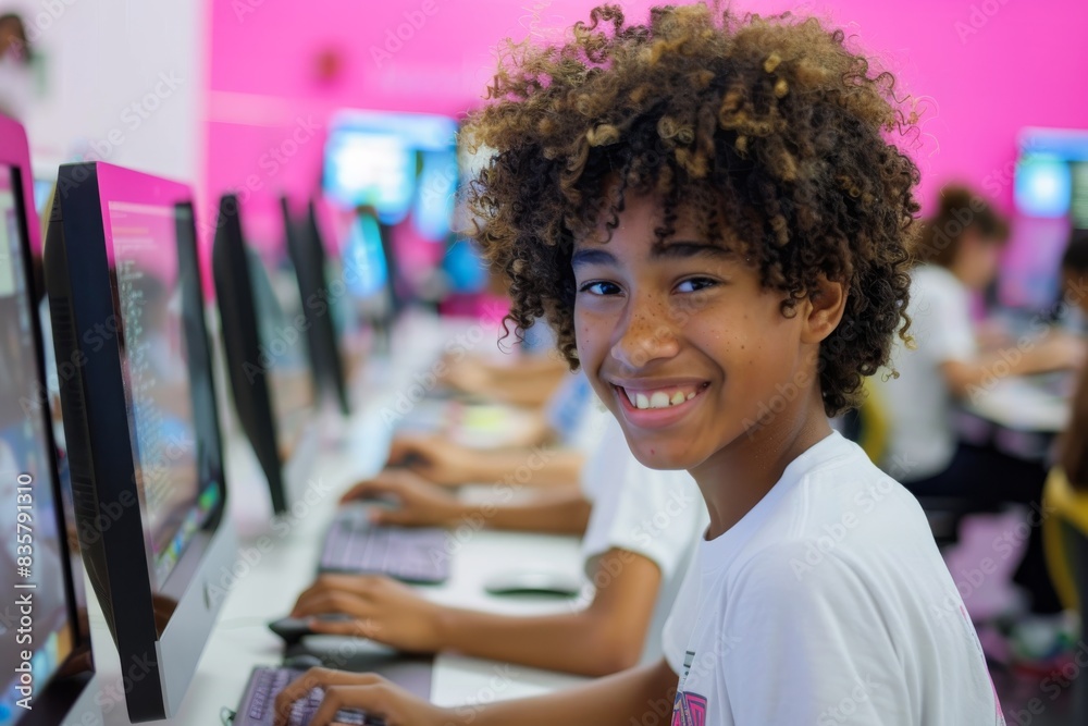 Aufkleber A student with curly hair is actively participating in a computer class in a vibrant classroom. The student shows enthusiasm while engaging with technology, creating a positive learning environment
