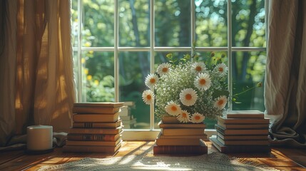 Mockup of house frame standing on windowsill with flower and books