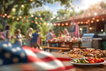 Sunny Backyard Fourth of July Party with BBQ, Patriotic Decorations, and American Flag