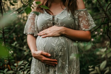 Pregnant woman in a dress holds her belly in nature. Close up of her holding her stomach