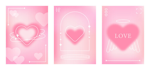 y2k heart cards. Happy Valentine's Day greeting card set. Gradient hearts, sparks and stars.y2k aesthetic. Lettering poster. Social media template. Modern design for banner, invitation, card, cover.