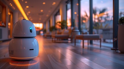 A white robot proceeds down a hallway, moving with precision and purpose in a controlled environment.