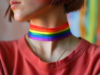 Naklejka premium Close up Portrait of Person Wearing Vibrant Rainbow Wristband in Support of LGBTQ Rights and Visibility