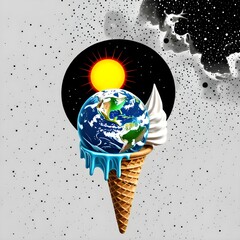 the melting of the earth due to global warming next to the hot sun against a black space background