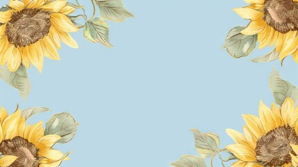 Sunflowers floral, luxury botanical on light blue background vector, empty space in the middle to leave room for text or logo, gold line wallpaper, leaves, flower, foliage, hand drawn 