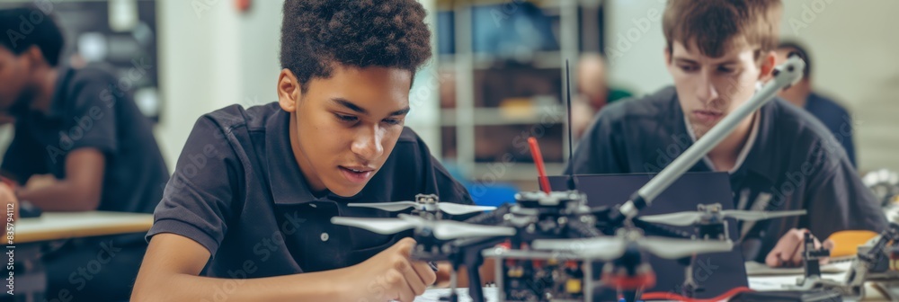 Aufkleber Students are collaborating on a drone project in their engineering and robotics class, engaging in handson learning and fostering teamwork and innovation in the fields of technology and education
