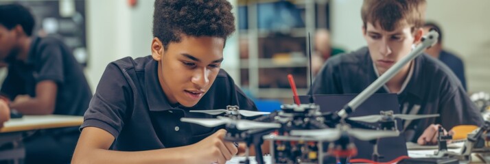 Students are collaborating on a drone project in their engineering and robotics class, engaging in handson learning and fostering teamwork and innovation in the fields of technology and education - Powered by Adobe