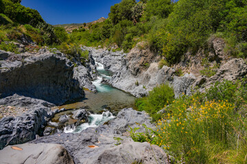 Alcantara river gorges with its lava rocky walls, lies near Etna volcano in Sicily, Italy, Europe