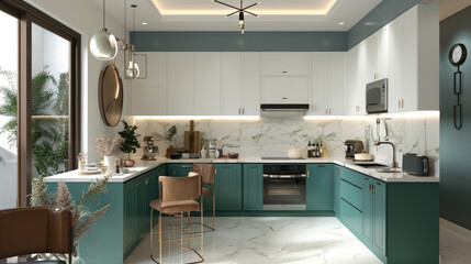Modern Kitchen with Teal Cabinets and Marble Pattern Countertop