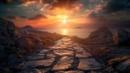 Stone floor barren under dark sky backdrop of rocky mountains during sunset Stone path descending towards the ocean with the sun setting above the horizon creating a pathway for travelers u - Powered by Adobe
