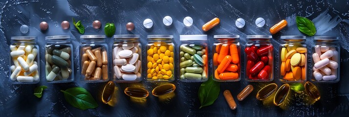 Assorted Dietary Supplements: Capsules and Softgels in Glass Containers on Dark Background