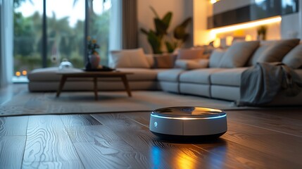 A robot is seated on a wooden floor in a living room setting.