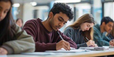 During examinations, students focus intensely on academic achievements to excel, succeed, and reach goals with determination and dedication in their studies to perform well and achieve success