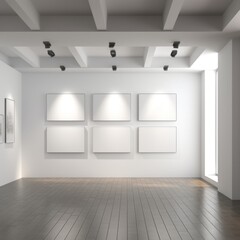 Art Gallery Interior with Blank Canvases for Exhibition Mockup Perfect for Design, Promotion, Posters, and Wall Art Displays