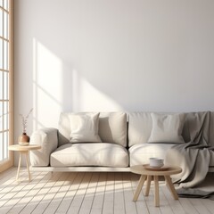 Obraz premium Cozy Minimalist Living Room with Light Wooden Furniture and Neutral Tones