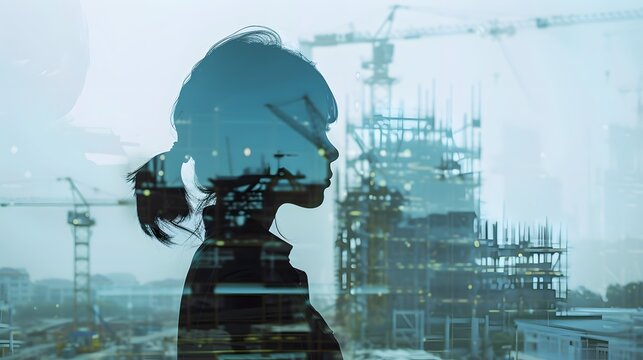 Contemplative engineer in silhouette, with a layered background of construction activities in double exposure