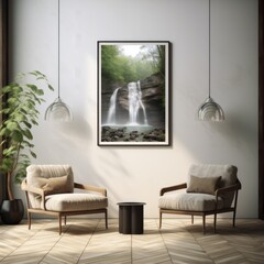 Nature Inspired Minimalist Interior Design with Framed Waterfall Art for Modern Living Spaces