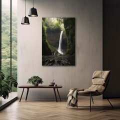 Nature Inspired Minimalist Interior with Waterfall Art Print for Modern Home Design