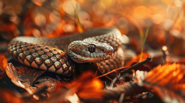 Macro image capturing the intricate details of a smooth snake in the autumn forest ground