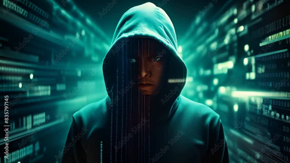 Fototapete Hacker silhouette of hooded man with binary data and terms related to computer crime