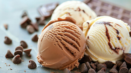 Three Scoops of Ice Cream with Chocolate Syrup and Chocolate Pieces